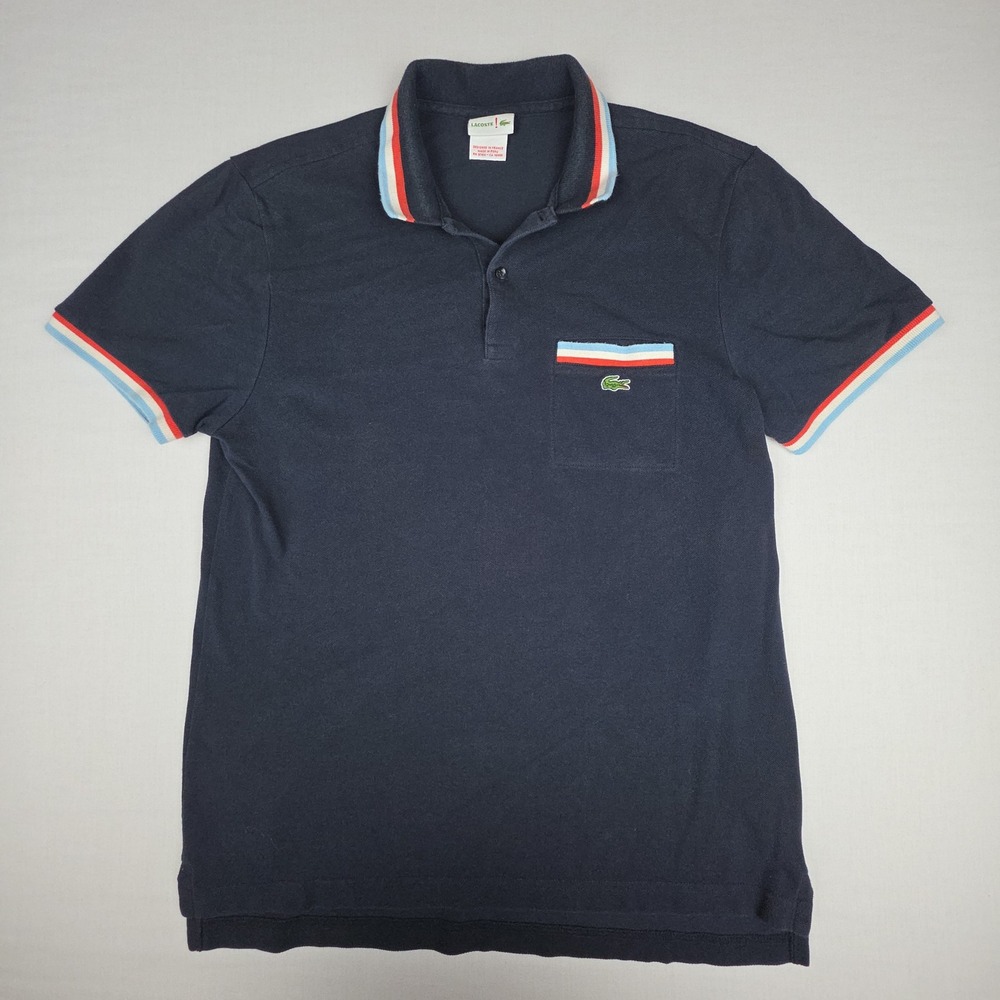 VTG Lacoste Live Pocket Polo Shirt Womens 5 Navy Blue Striped Trim Pique Cotton